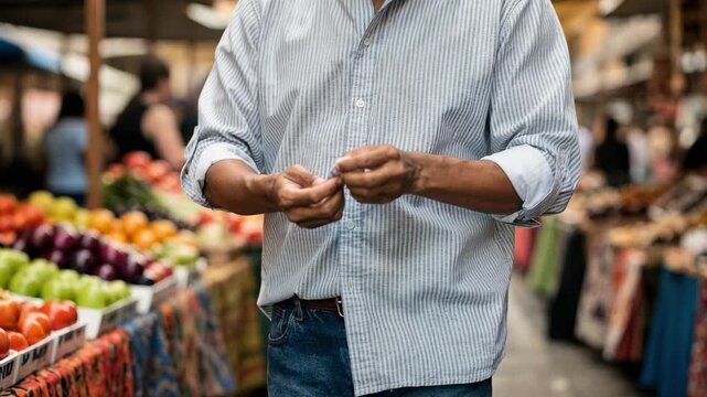 Person in a striped convertiblesleeve rolltab shirt securing the sleeve tab while walking through a lively street market emphasizing vibrant casual wear.