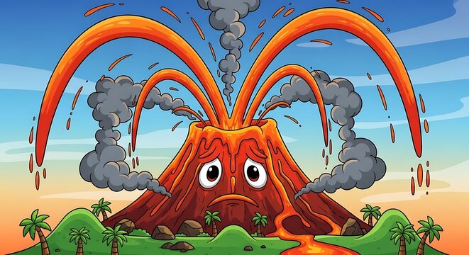Volcano Erupting with Cartoon Character Design.
