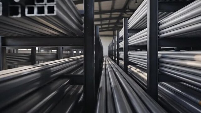 Empty industrial metal pipe storage racks with various shapes and sizes in warehouse