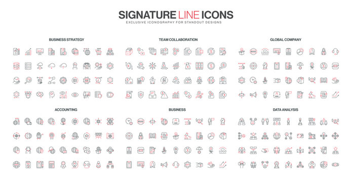 Modern line icons set covers business strategy, teamwork, global company, accounting, business operations, and data analysis concepts in a clean isolated vector illustration