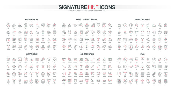 Comprehensive line icon set covers solar energy, product development, energy storage, smart home automation, construction, and HVAC technology concepts isolated vector illustration
