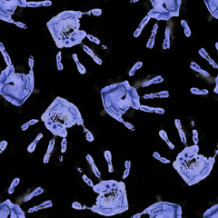 Naklejka premium Blue Handprints on Black Background