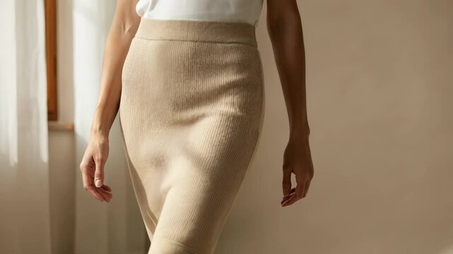 Medium shot of a stylish pencil knit skirt hugging the silhouette highlighting smooth shaping and precise hem detailing in soft natural light.