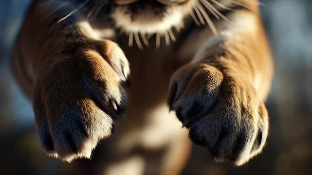Close-up of a big cat's paws, captured from below, with soft fur and whiskers