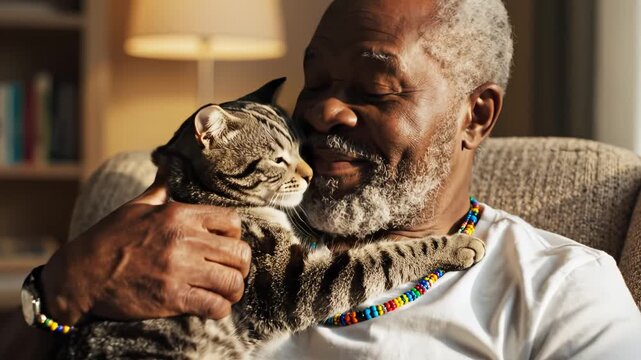 Elderly man holding a cat