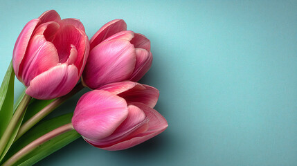 Fototapeta premium Pink Tulips on Turquoise Background with Copy Space
