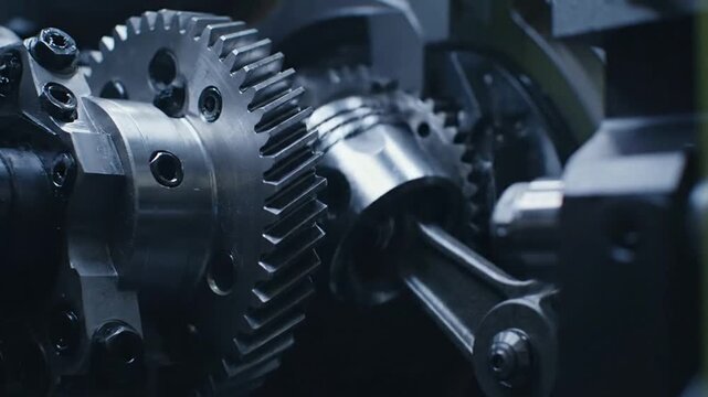 A close-up of metallic gears and cogs reveals the intricate industrial engineering of a steel machine gearbox and automotive transmission mechanism