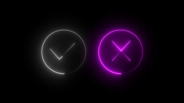 Glowing light neon check mark with cross sign icon animation no wrong cancel tick success done accept complete correct confirm finishing checkbox sign symbol.