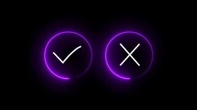 Glowing light neon check mark with cross sign icon animation no wrong cancel tick success done accept complete correct confirm finishing checkbox sign symbol.