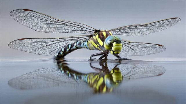 A vibrant dragonfly with intricate wings, reflected in still water, against a soft gray backdrop