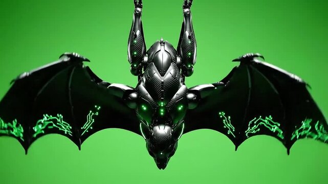 Flying Robotic Bat Animation on Green Screen Background Cybernetic Design with Metallic Details Artificial Intelligence Concept
