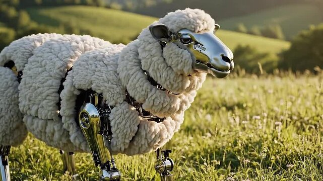 Futuristic Grazing Robot Sheep in a Lush Green Field with Rolling Hills and Warm Sunlight with Reflective Metallic Frame and Soft