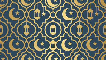 Islamic Geometric Pattern with Crescent Moons, Stars, and Lanterns - Blue and Gold Decorative Background