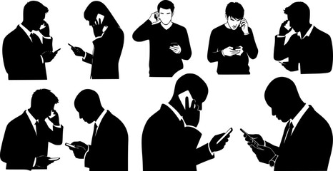silhouette set of people using smartphones