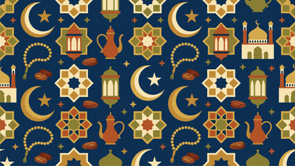 Islamic Pattern Seamless Background, Ramadan & Eid Festive Decor, Mosque & Crescent Moon Design