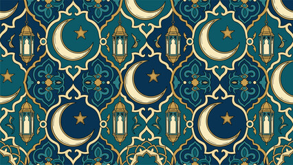 Islamic Pattern Seamless Background - Ramadan Lanterns & Crescent Moons for Festive Decor