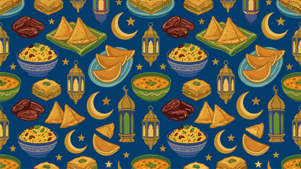 Islamic Festival Food Pattern - Ramadan Iftar Feast Seamless Background for Commercial Use