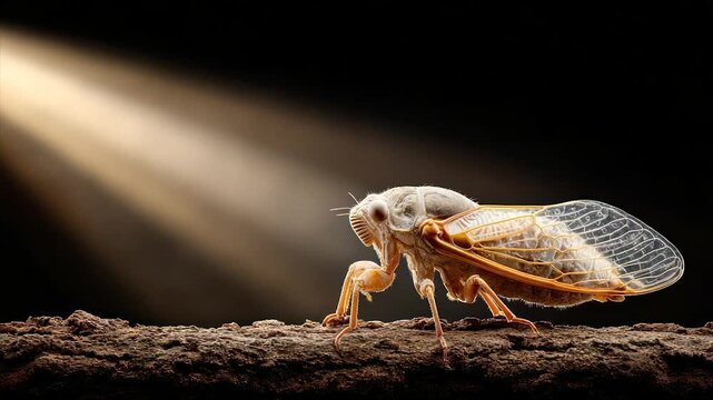Close-up of a cicada on a twig, illuminated by a spotlight on a dark background