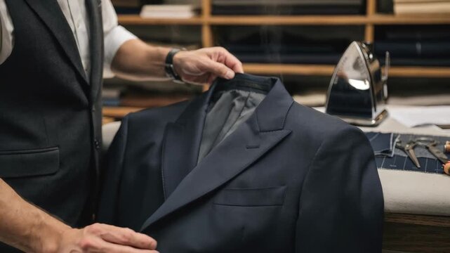 Medium shot of a tailor carefully pressing and padding a notch lapel highlighting precision in collar shaping and fabric manipulation for a crisp professional finish.