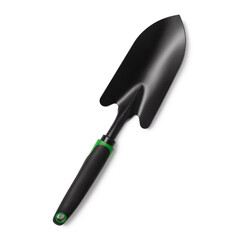 Black garden hand shovel isolated on white background, top view