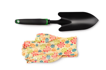 Garden hand shovel and floral print gardening gloves isolated on white background