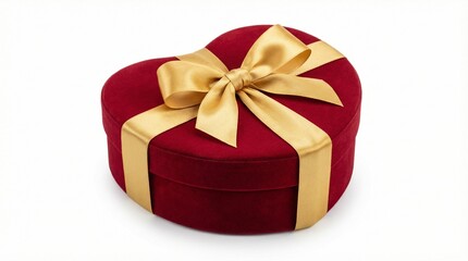 Red velvet heart shaped gift box with a gold ribbon bow isolated on white