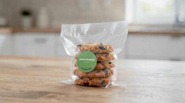 Medium shot of cookies wrapped in translucent plantbased film highlighting ecofriendly sustainable packaging in a bright kitchen setting.