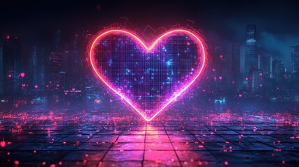 Glowing Neon Heart in a Futuristic Cityscape.