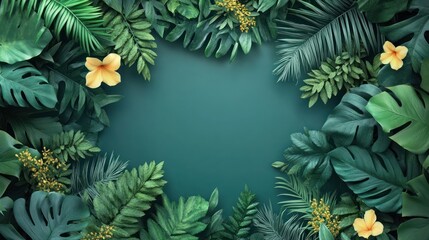 Lush Tropical Jungle Foliage Frame with Yellow Flowers.