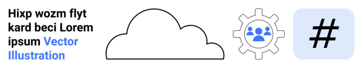 Obraz premium Cloud icon, gear with team symbol, and metadata tag block highlight connectivity, teamwork, and digital interaction. Ideal for tech, collaboration, cloud services, social media networking digital