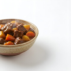 Realistic bowl of traditional scouse stew with visible chunks of beef and vegetables