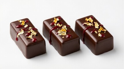 Three dark chocolate pralines with red berry coulis and edible gold leaf on a white background