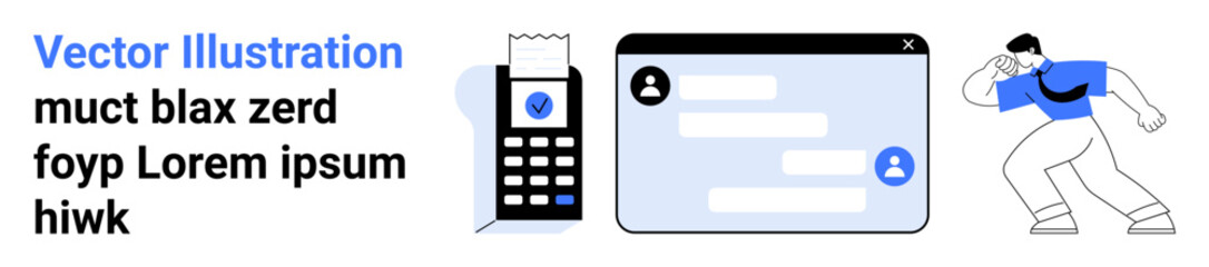 Fototapeta premium Digital communication, online messaging, mobile apps, user interface, teamwork, technology. a phone, chat interface and a person walking. Digital communication and online messaging concept