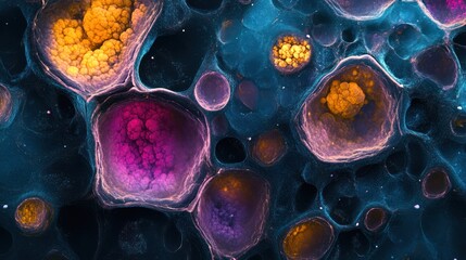 Microscopic view of colorful cells, science and biology concept.