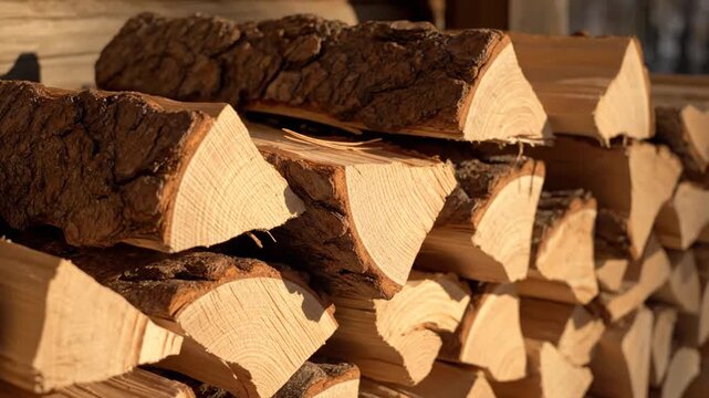 A natural stack of dry brown firewood logs and timber is piled in the autumn forest on a bed of fallen leaves