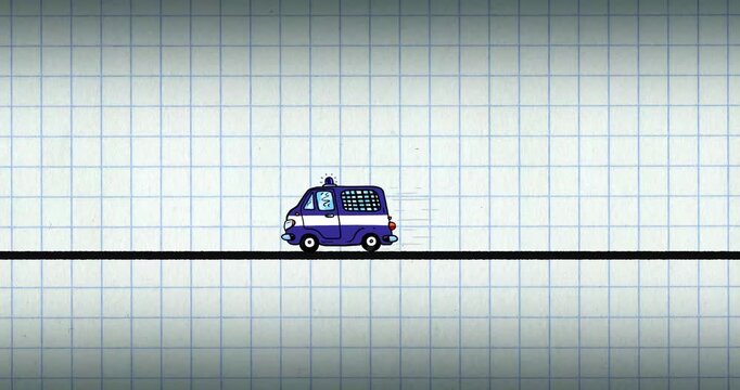 Police car cartoon animation grid background. Fast driving vehicle on exercise book card with back line seamless loop.