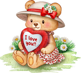 Watercolor hand drawn cute bear with heart balloon