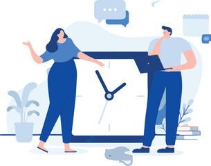 Obraz premium Work and time illustration - Two people, man and woman with big click working and discussing time management. Flat design cartoon vector illustration with white background.