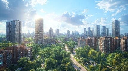 Modern Cityscape with Lush Greenery and Blue Sky.