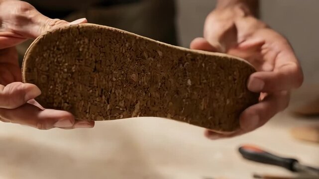 Closeup on cork insole shaping highlighting natural texture and hands smoothing edges for sustainable ecofriendly foot support solutions.