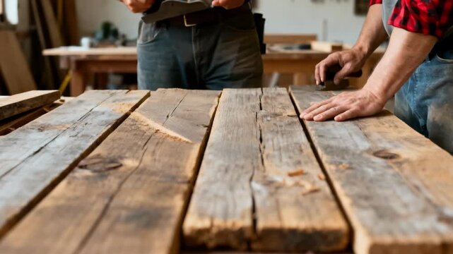 Medium shot of artisans smoothing reclaimed wood panels highlighting craftsmanship and environmentally conscious renovation.