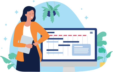  Project manager woman illustration - One smiling person standing with computer and work calendar planning and managing projects for company or business. Flat design vector illustration graphic.