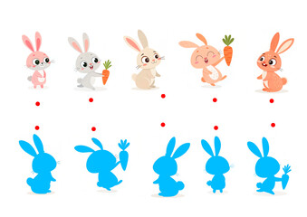 Find the correct shadow with cute rabbits &ndash; educational matching game for children