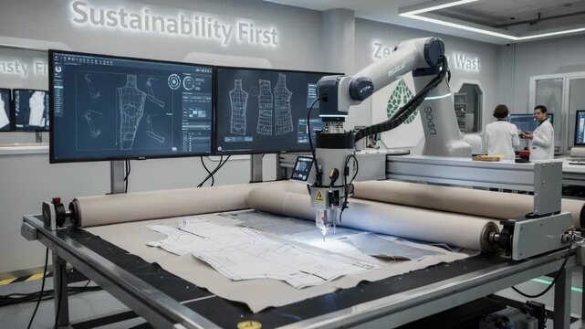 Medium shot capturing automated pattern placement on fabric uppers in a smart cutting room using AI nesting technology to maximize fabric use and improve sustainability.
