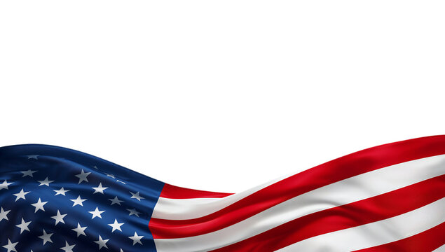 A high-quality render features the national flag of the United States of America waving gently in the breeze against a clean white background