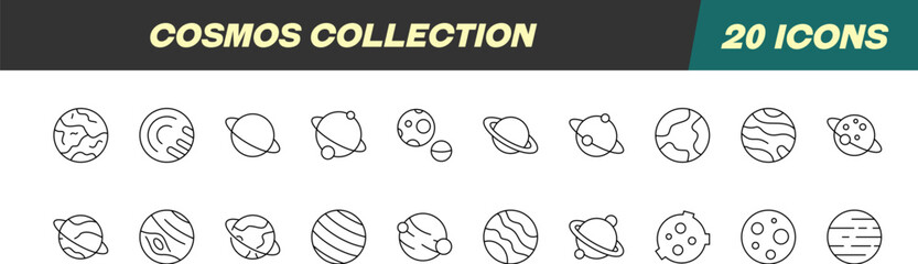 Collection of Icons of Cosmos and Planet for Shops and Stores. Suitable for books, stores, shops. Editable stroke in minimalistic outline style. Symbol for design © Dilia Almukhambetova