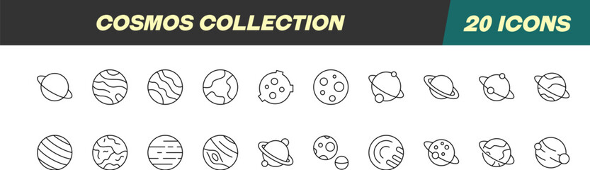 Collection of icons of Cosmos and Planet for Advertisement. Suitable for books, stores, shops. Editable stroke in minimalistic outline style. Symbol for design © Dilia Almukhambetova