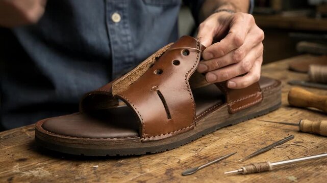 Medium shot of skilled craftsperson reinforcing wide sandal bands highlighting durable stitching methods and careful attention to strap strength and comfort.