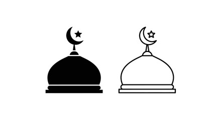 Obraz premium Black and white mosque dome vector icon with crescent moon and star, Islamic architecture symbol isolated on white