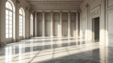 Fototapeta premium Sunlit neoclassical interior with marble floor and grand columns, elegant palace hall architecture background with soft natural light